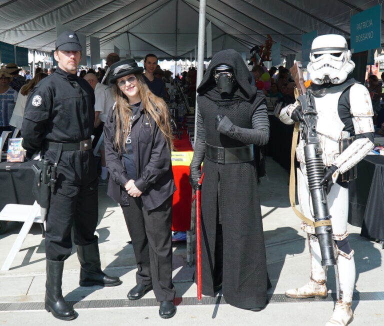 San Diego Festival Of Books August 2018 - Lori R. Lopez posing with Star Wars Cosplay Kylo Ren and Stormtrooper